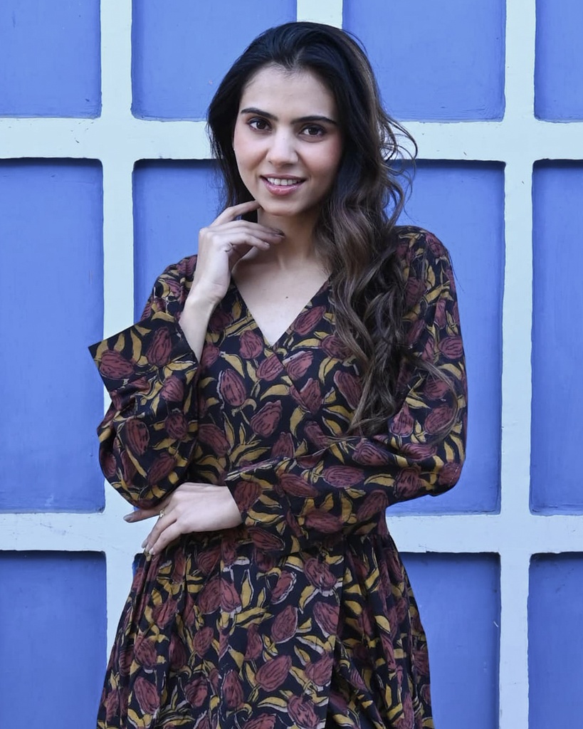 Women Long Angrakha Style Cotton Dabu Print Dress (Black - Style 01)