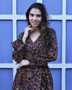 Women Long Angrakha Style Cotton Dabu Print Dress (Black - Style 01)