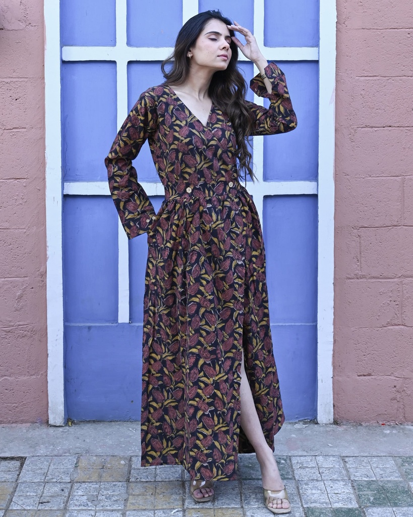 Women Long Angrakha Style Cotton Dabu Print Dress (Black - Style 01)