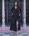 Women Long Angrakha Style Cotton Dabu Print Dress (Black- Style 08)