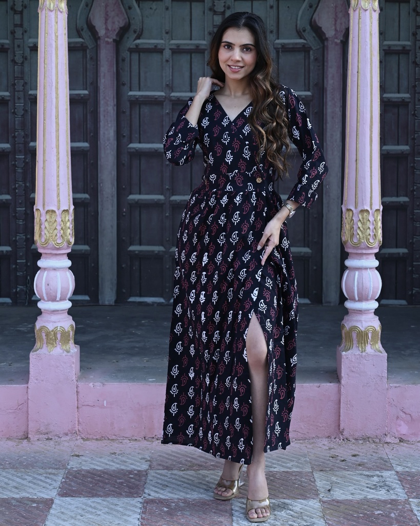 Women Long Angrakha Style Cotton Dabu Print Dress (Black- Style 08)