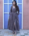 Women Long Angrakha Style Cotton Dabu Print Dress (Black- Style 15)