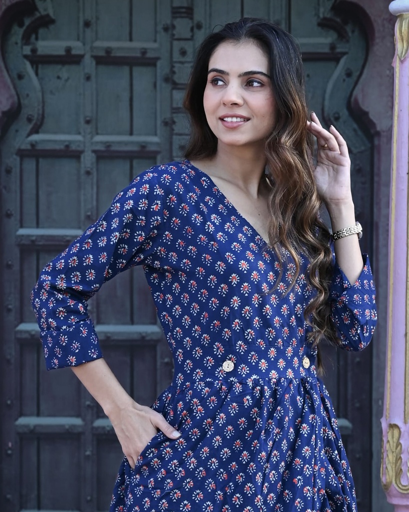 Women Long Angrakha Style Cotton Dabu Print Dress (Blue - Style 05)