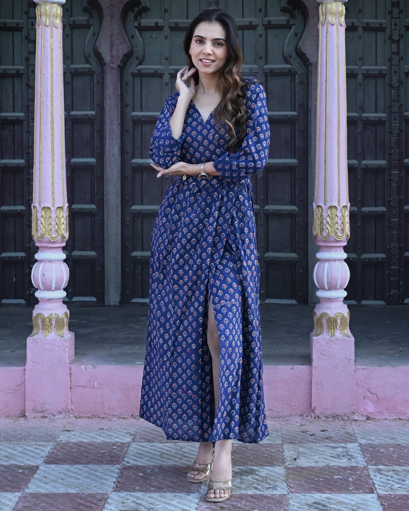 Women Long Angrakha Style Cotton Dabu Print Dress (Blue - Style 05)