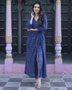 Women Long Angrakha Style Cotton Dabu Print Dress (Blue - Style 05)