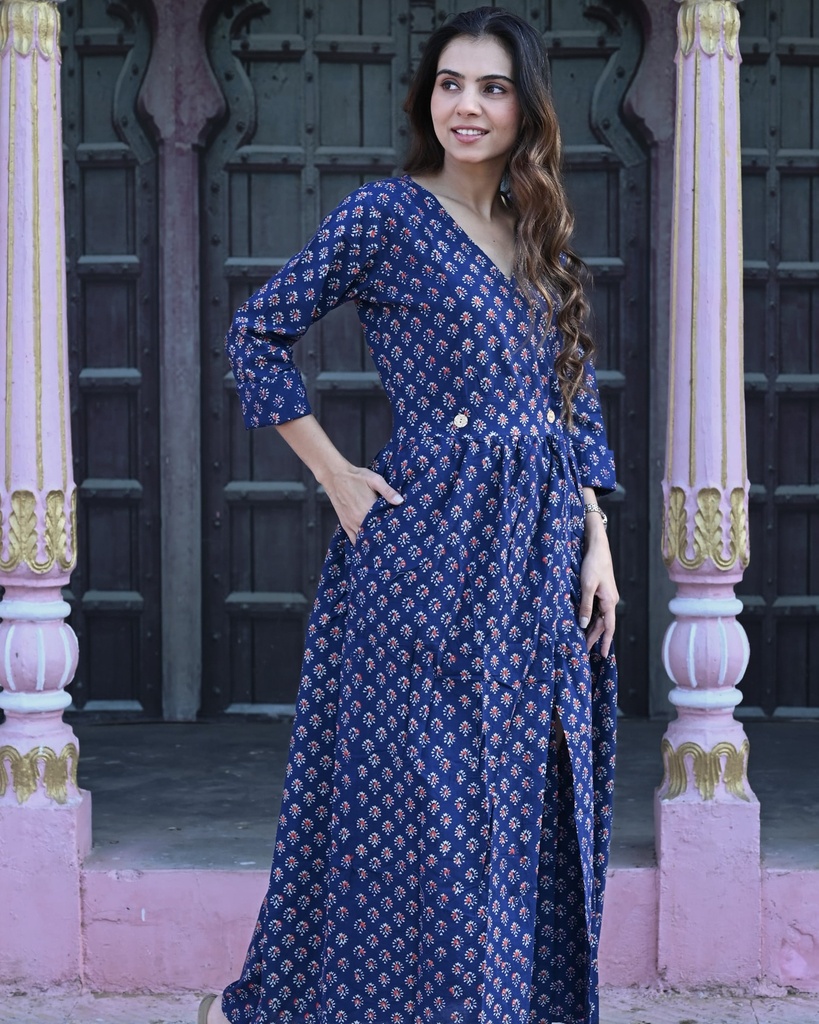 Women Long Angrakha Style Cotton Dabu Print Dress (Blue - Style 05)