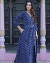 Women Long Angrakha Style Cotton Dabu Print Dress (Blue - Style 05)