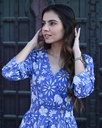 Women Long Angrakha Style Cotton Dabu Print Dress (Blue - Style 07)
