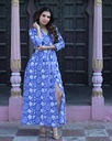 Women Long Angrakha Style Cotton Dabu Print Dress (Blue - Style 07)