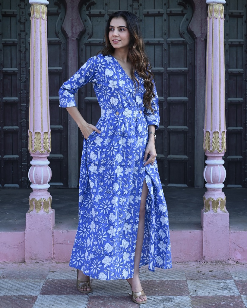 Women Long Angrakha Style Cotton Dabu Print Dress (Blue - Style 07)