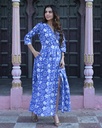 Women Long Angrakha Style Cotton Dabu Print Dress (Blue - Style 07)