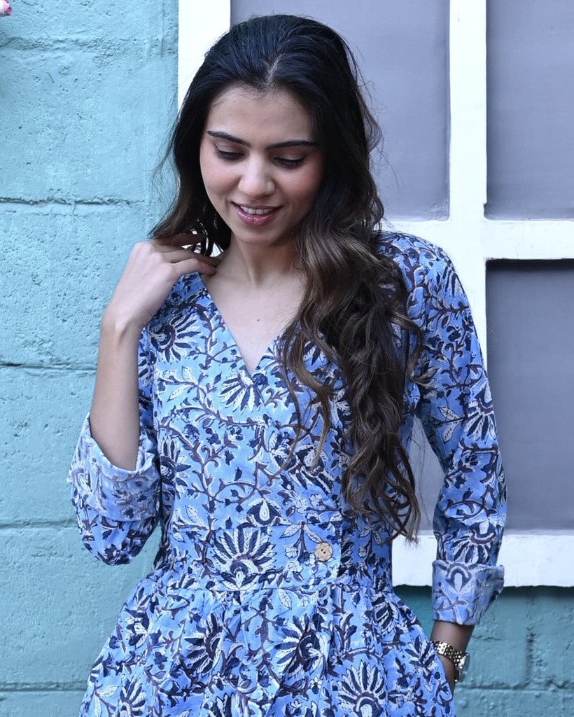 Women Long Angrakha Style Cotton Dabu Print Dress (Blue - Style 18)