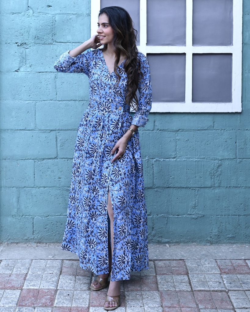 Women Long Angrakha Style Cotton Dabu Print Dress (Blue - Style 18)