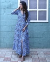 Women Long Angrakha Style Cotton Dabu Print Dress (Blue - Style 18)