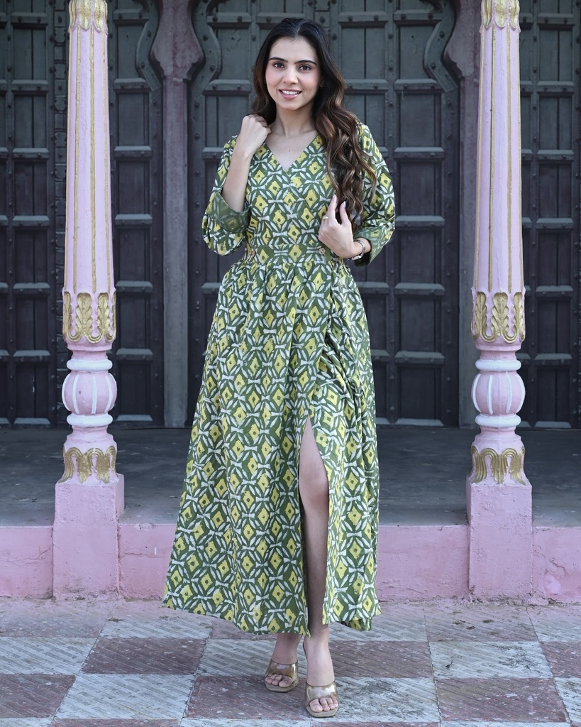 Women Long Angrakha Style Cotton Dabu Print Dress (Green- Style 06)