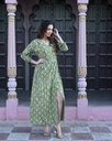 Women Long Angrakha Style Cotton Dabu Print Dress (Green- Style 06)