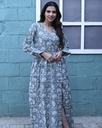 Women Long Angrakha Style Cotton Dabu Print Dress (Green- Style 19)