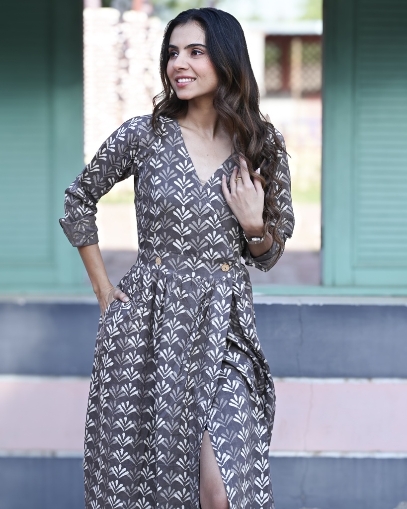 Women Long Angrakha Style Cotton Dabu Print Dress (Grey - Style 13)