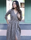 Women Long Angrakha Style Cotton Dabu Print Dress (Grey - Style 13)