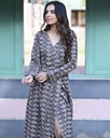 Women Long Angrakha Style Cotton Dabu Print Dress (Grey - Style 13)