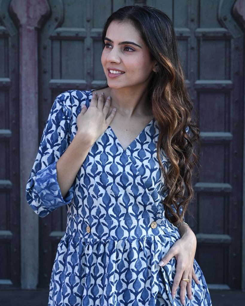Women Long Angrakha Style Cotton Dabu Print Dress (Indigo - Style 09)