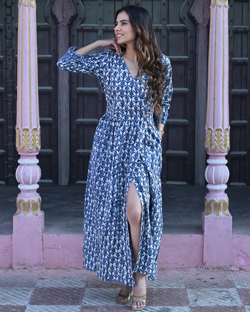 Women Long Angrakha Style Cotton Dabu Print Dress (Indigo - Style 09)