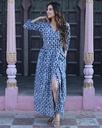 Women Long Angrakha Style Cotton Dabu Print Dress (Indigo - Style 09)