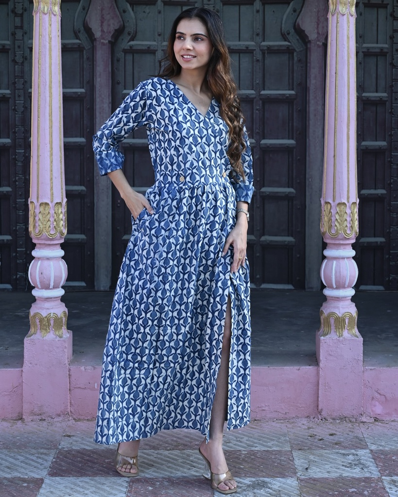 Women Long Angrakha Style Cotton Dabu Print Dress (Indigo - Style 09)
