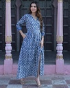 Women Long Angrakha Style Cotton Dabu Print Dress (Indigo - Style 09)