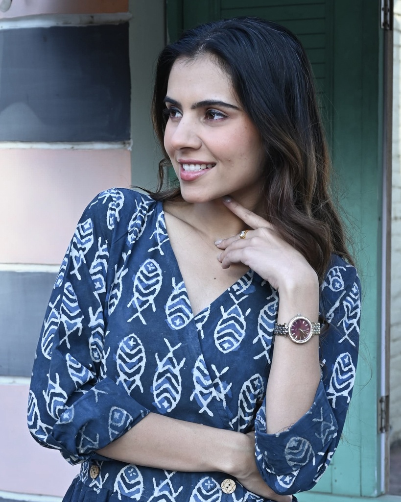 Women Long Angrakha Style Cotton Dabu Print Dress (Indigo - Style 11)