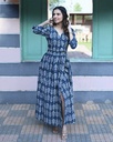 Women Long Angrakha Style Cotton Dabu Print Dress (Indigo - Style 11)