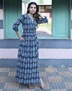 Women Long Angrakha Style Cotton Dabu Print Dress (Indigo - Style 11)
