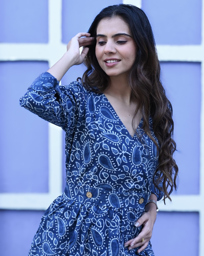 Women Long Angrakha Style Cotton Dabu Print Dress (Indigo - Style 17)