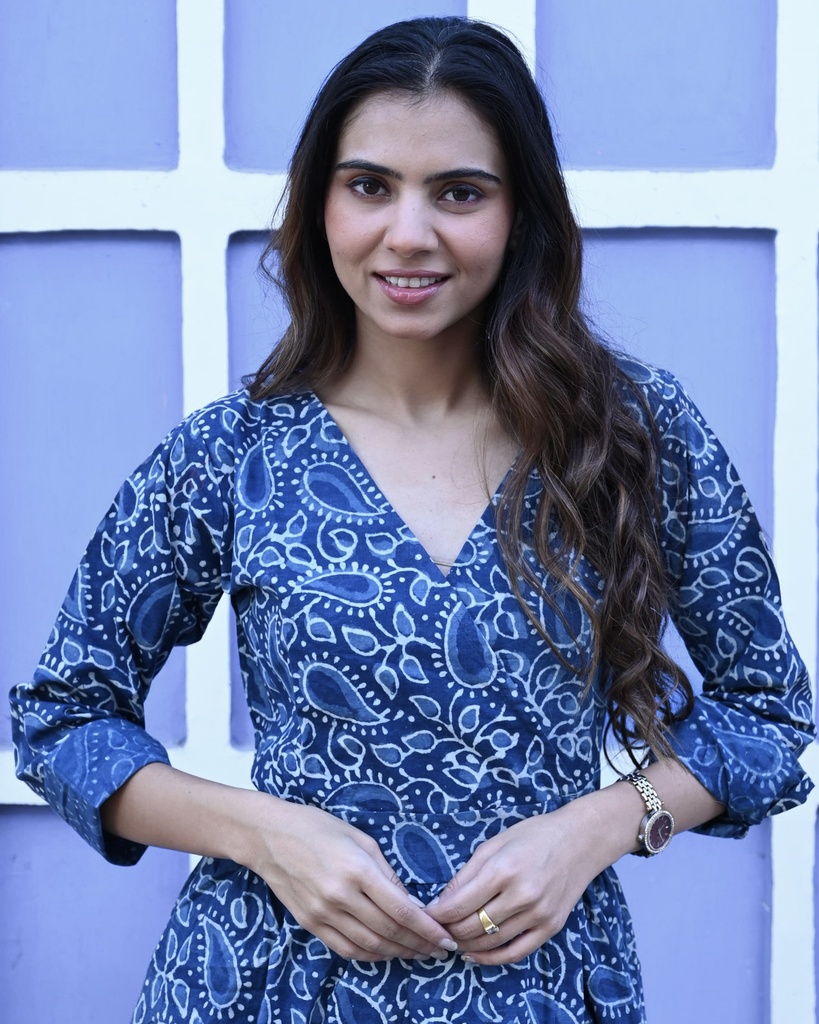 Women Long Angrakha Style Cotton Dabu Print Dress (Indigo - Style 17)