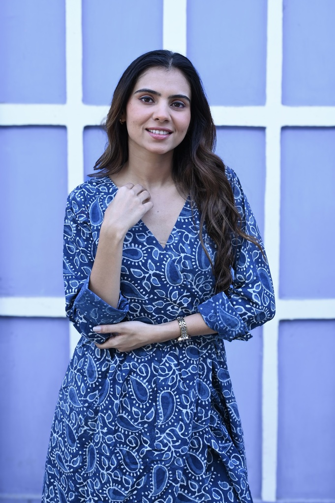 Women Long Angrakha Style Cotton Dabu Print Dress (Indigo - Style 17)