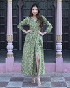 Women Long Angrakha Style Cotton Dabu Print Dress (Green- Style 06)