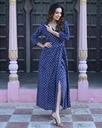 Women Long Angrakha Style Cotton Dabu Print Dress (Blue - Style 05)