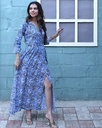 Women Long Angrakha Style Cotton Dabu Print Dress (Blue - Style 18)