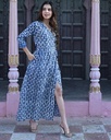 Women Long Angrakha Style Cotton Dabu Print Dress (Indigo - Style 09)