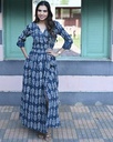 Women Long Angrakha Style Cotton Dabu Print Dress (Indigo - Style 11)