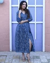 Women Long Angrakha Style Cotton Dabu Print Dress (Indigo - Style 17)