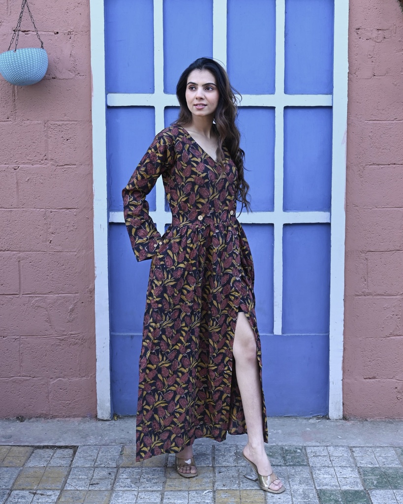 Women Long Angrakha Style Cotton Dabu Print Dress (Black - Style 01)