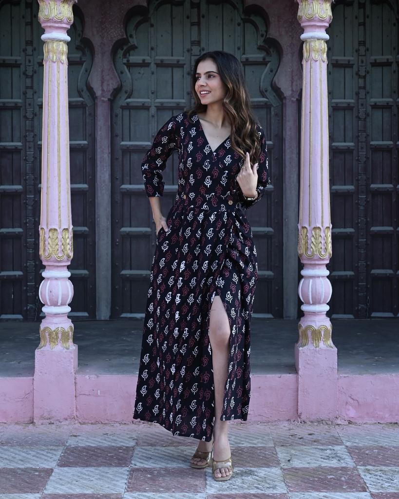 Women Long Angrakha Style Cotton Dabu Print Dress (Black- Style 08)