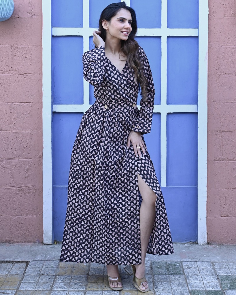 Women Long Angrakha Style Cotton Dabu Print Dress (Black- Style 15)