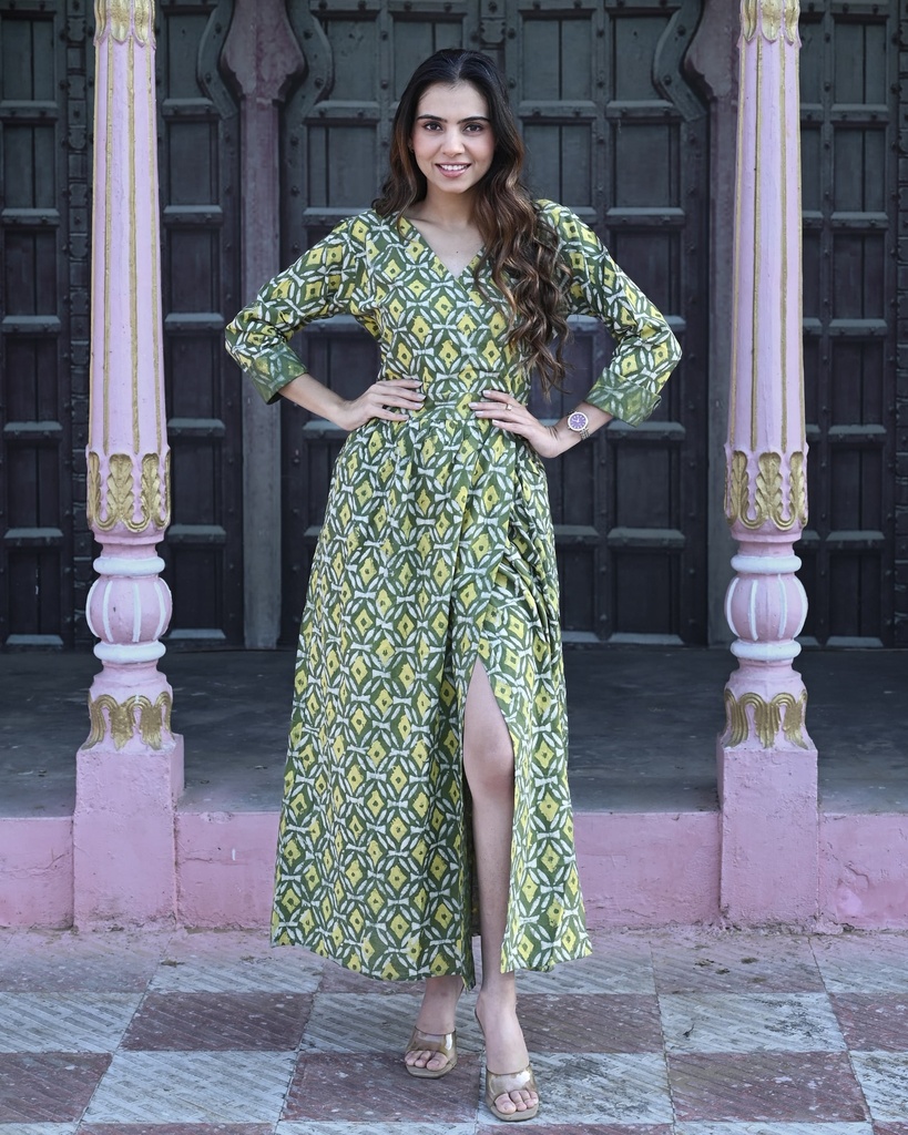 Women Long Angrakha Style Cotton Dabu Print Dress (Green- Style 06)