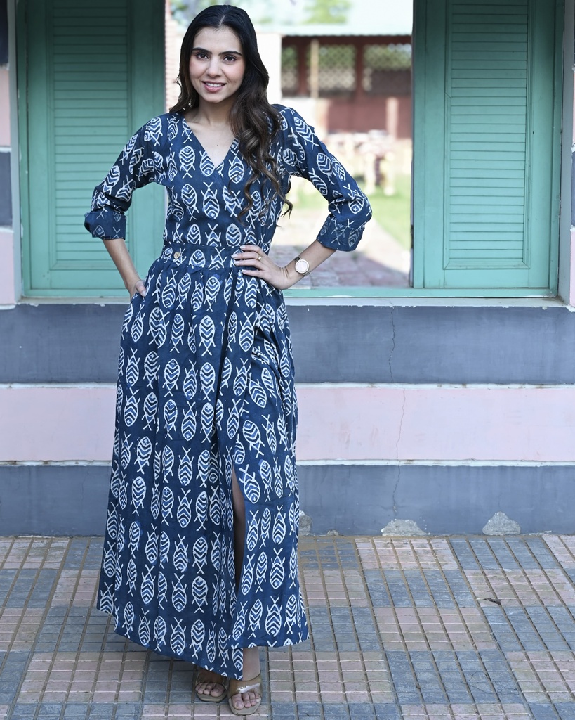 Women Long Angrakha Style Cotton Dabu Print Dress (Indigo - Style 11)